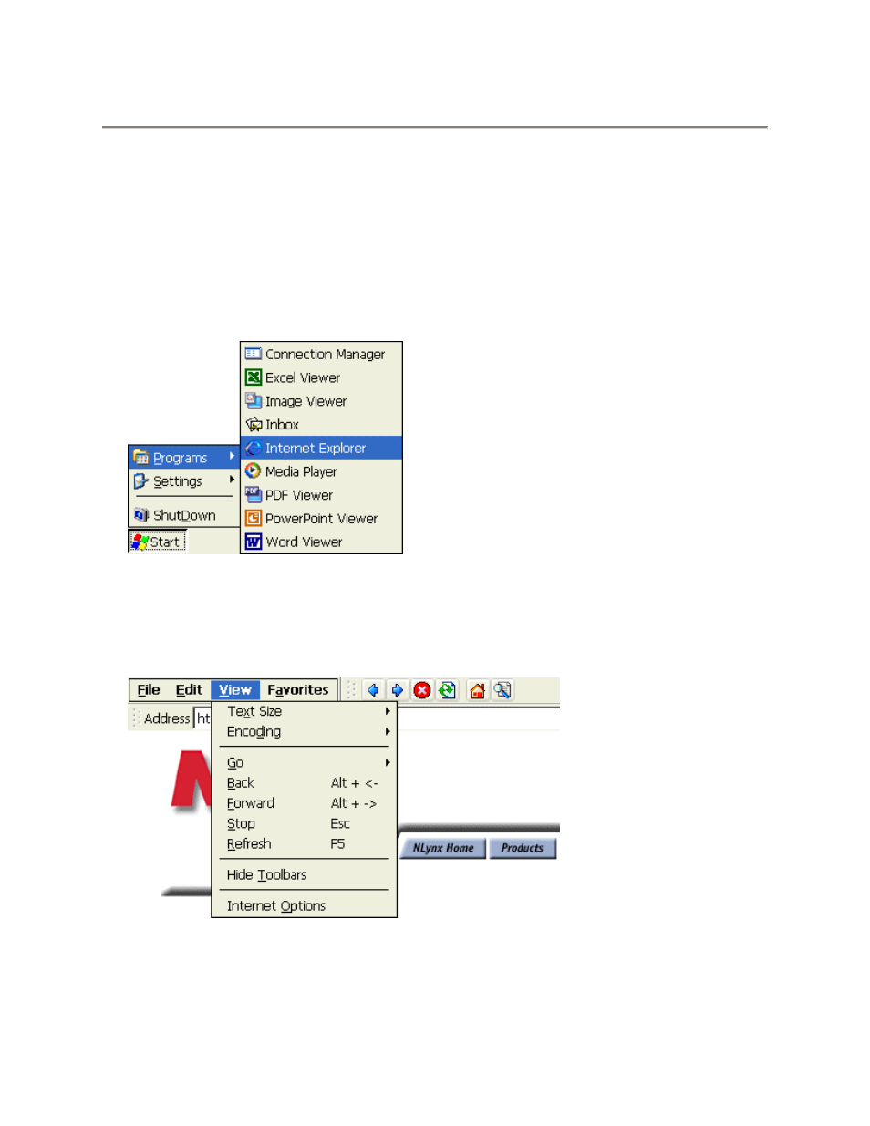 Using internet explorer, About, Connect to the internet via an ethernet lan | Using the start menu bar, Internet options, View menu tab, Bout, Onnect to the, Nternet via an, Thernet | Nlynx MinIT6000 User Manual | Page 101 / 127