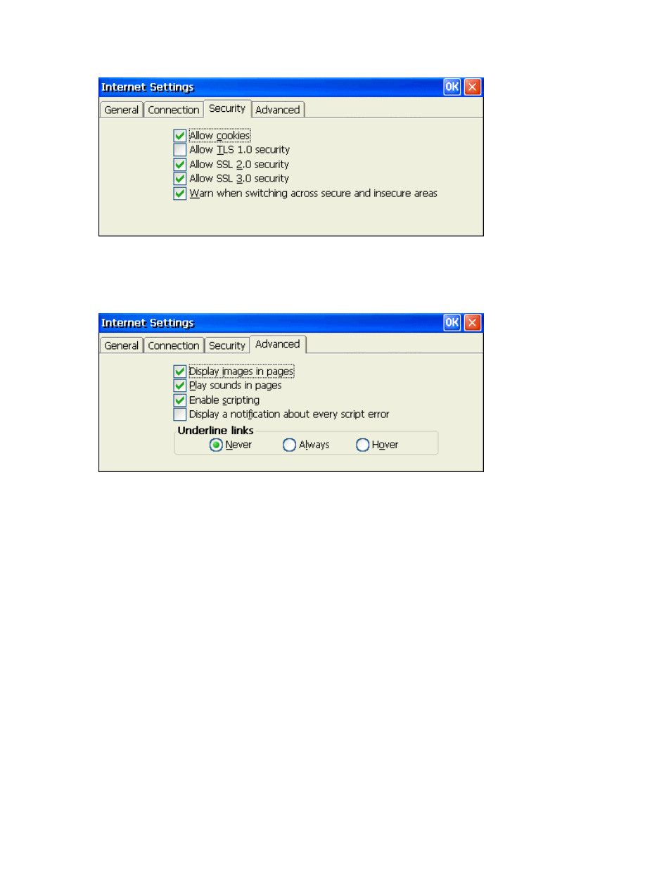 Security tab, Advanced tab, Underline links | Printing, Rinting | Nlynx MinIT6000 User Manual | Page 103 / 127