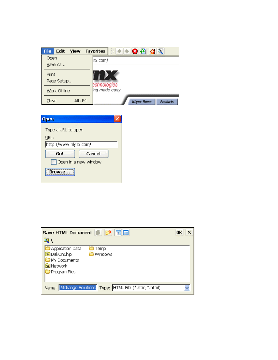 Additional menu bar items, File menu options, File open window | File save as window, Dditional, Tems | Nlynx MinIT6000 User Manual | Page 106 / 127