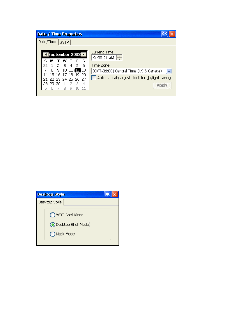 Date / time, Desktop style, Wbt shell mode | Desktop shell mode, Esktop, Tyle, Date/time | Nlynx MinIT6000 User Manual | Page 46 / 127
