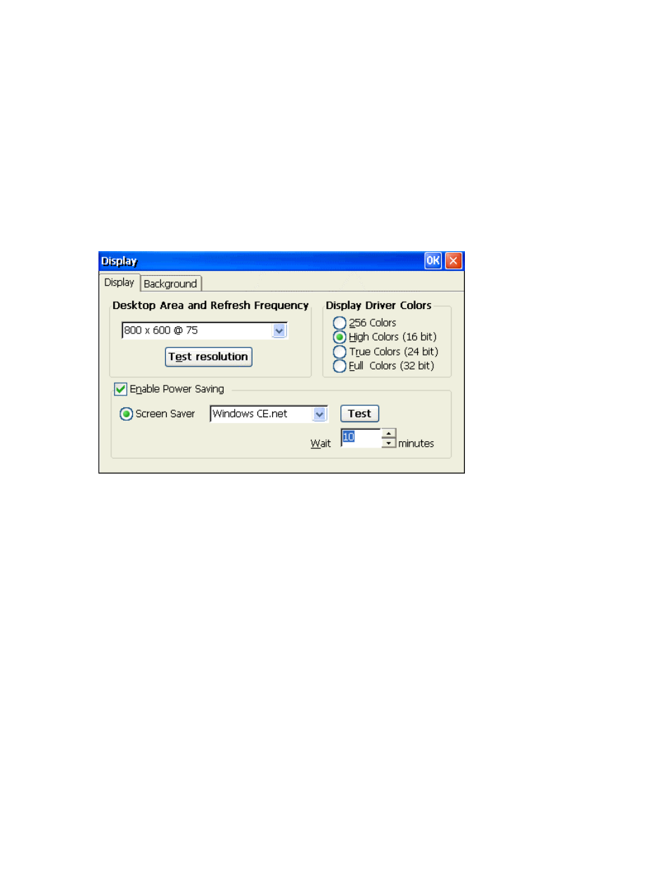 Kiosk mode, Display, Display tab | Desktop area and refresh frequency, Enable power saving, Screen saver, Display driver colors, Isplay | Nlynx MinIT6000 User Manual | Page 47 / 127