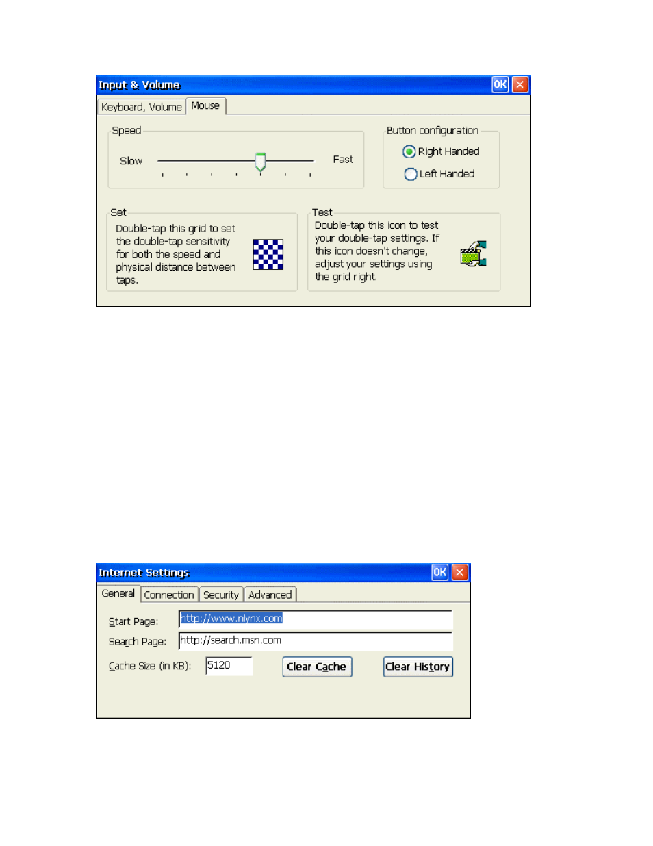 Mouse tab, Speed, Button configuration | Internet settings, General tab, Nternet, Ettings | Nlynx MinIT6000 User Manual | Page 56 / 127