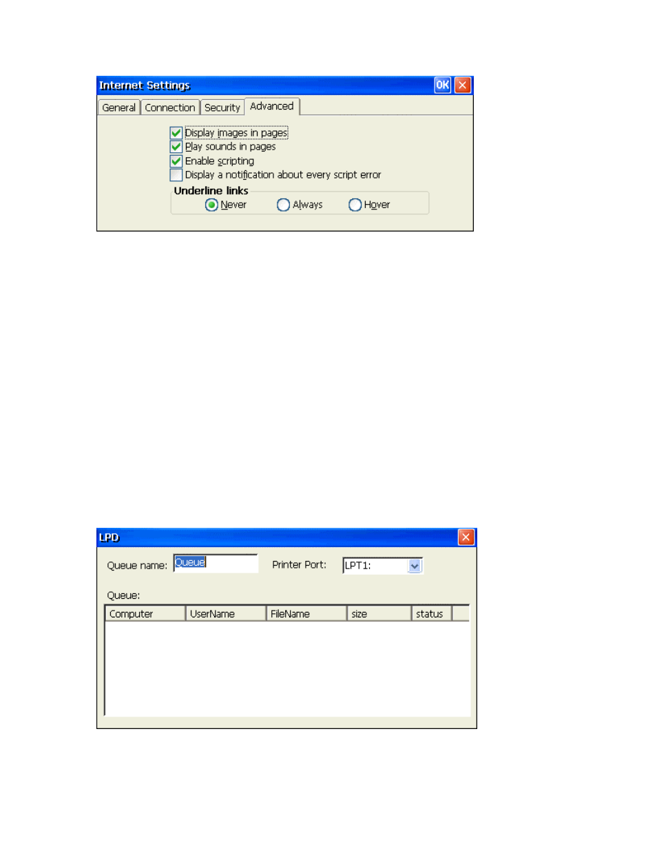 Advanced tab, Underline links, Lpd setting | Lpd properties window, Lpd s, Etting, Lpd settings | Nlynx MinIT6000 User Manual | Page 58 / 127