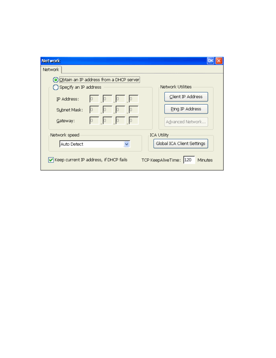 Network, Network properties window, Obtain an address from a dhcp server | Specify an ip address, Ip address, Subnet mask, Gateway, Client ip address, Etwork | Nlynx MinIT6000 User Manual | Page 59 / 127