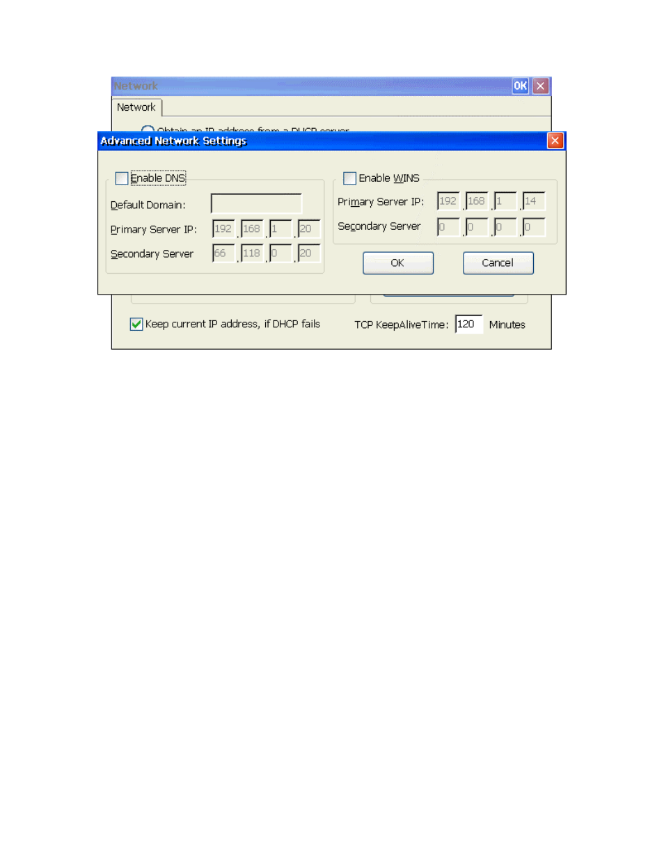 Advanced network settings, Enable dns, Default domain | Primary server ip address, Secondary server ip address, Enable wins, Cancel | Nlynx MinIT6000 User Manual | Page 61 / 127