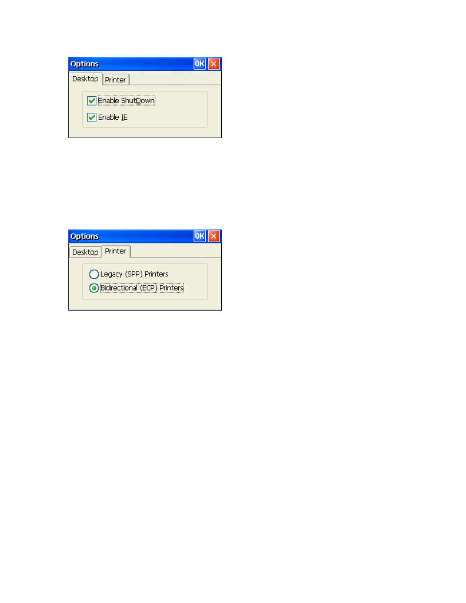 Options, Enable shutdown, Enable ie | Legacy (spp) printers, Bidirectional (ecp) printers, Ptions, Printers | Nlynx MinIT6000 User Manual | Page 62 / 127