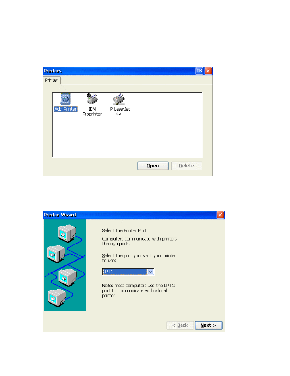 Printers, Add printer dialog box, Add printer | Step1: select the printer port, Rinters | Nlynx MinIT6000 User Manual | Page 63 / 127