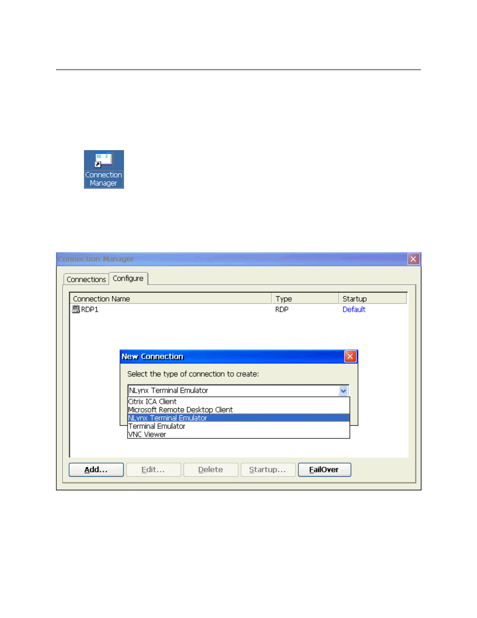 Nlynx tn5250 terminal emulation, 5250 terminal session setup, Connection manager desktop icon | Connection manager window, 5250 t, Erminal, Ession, Etup | Nlynx MinIT6000 User Manual | Page 74 / 127