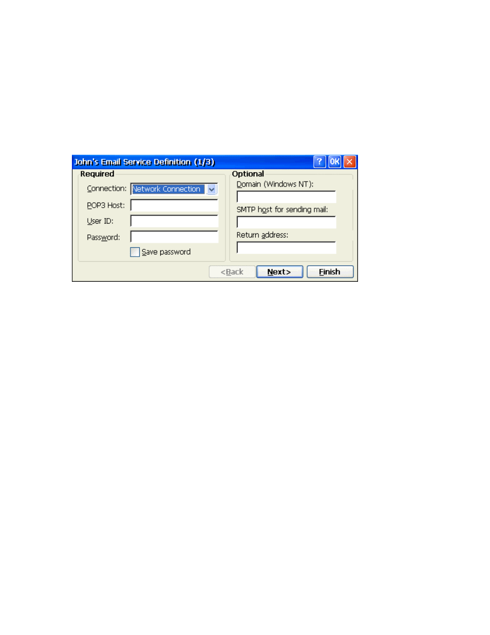 Set service definitions - setup wizard screen 1, Connection, Pop3 host | Server, User id, Password, Domain (windows nt) | Nlynx MinIT6000 User Manual | Page 90 / 127