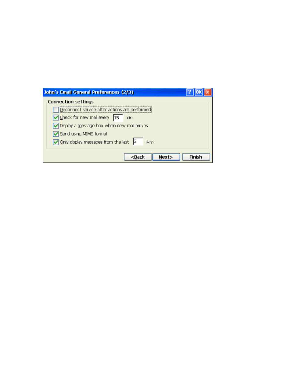 Smtp host, Return address, Set service preferences - setup wizard screen 2 | Disconnect service after actions are performed, Check for new messages every, Send using mime format (pop3 only), Play a sound (imap4 only), Only display messages from the last 3 days | Nlynx MinIT6000 User Manual | Page 91 / 127