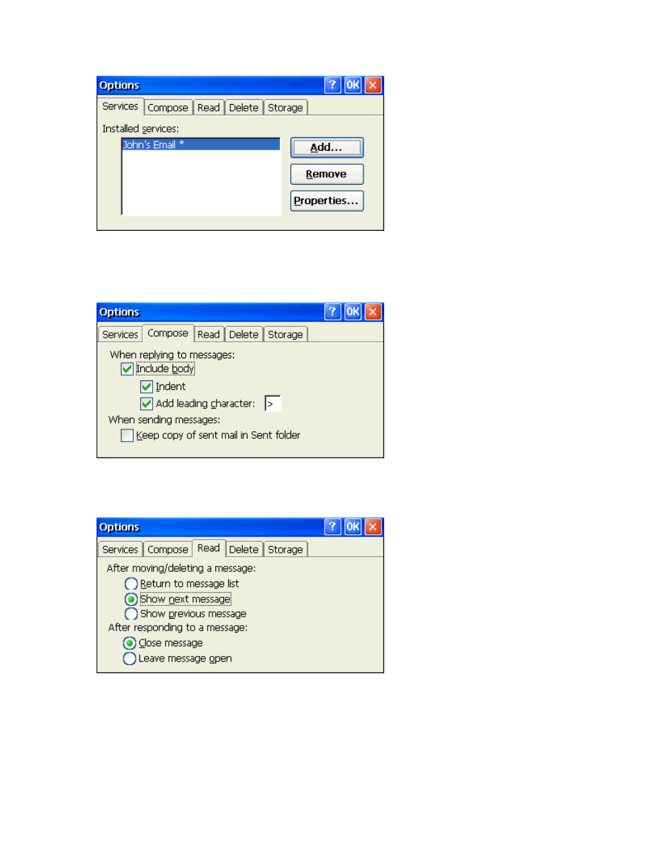 Email options window, Compose, Read | Nlynx MinIT6000 User Manual | Page 96 / 127