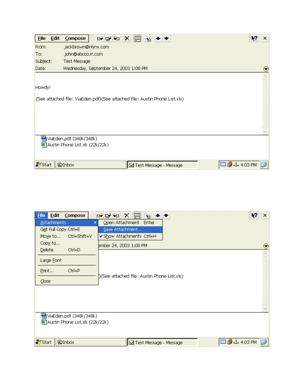 Email message view window, Saving email attachments, Aving | Mail, Ttachments | Nlynx MinIT6000 User Manual | Page 98 / 127