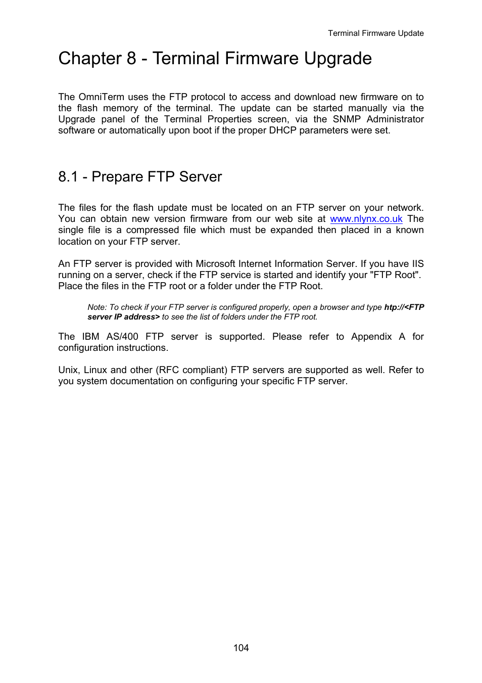 Terminal firmware upgrade, Prepare ftp server, Chapter 8 - terminal firmware upgrade | 1 - prepare ftp server | Nlynx OMNITERM WBT 2.1.0E User Manual | Page 107 / 131