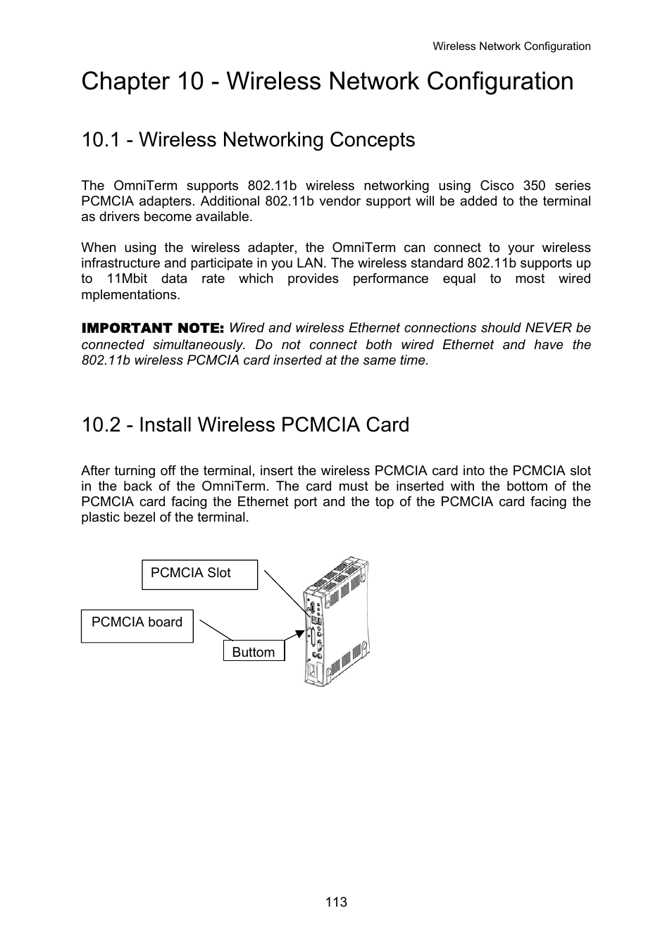 Wireless network configuration, Wireless networking concepts, Install wireless pcmcia card | Chapter 10 - wireless network configuration, 1 - wireless networking concepts, 2 - install wireless pcmcia card | Nlynx OMNITERM WBT 2.1.0E User Manual | Page 116 / 131