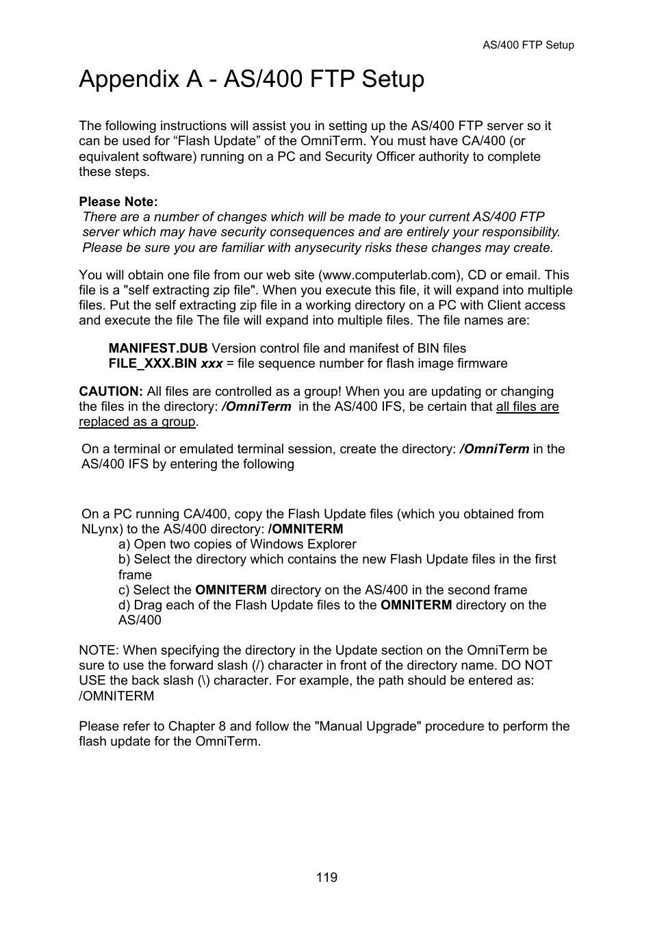 As/400 ftp setup, Appendix a - as/400 ftp setup | Nlynx OMNITERM WBT 2.1.0E User Manual | Page 122 / 131