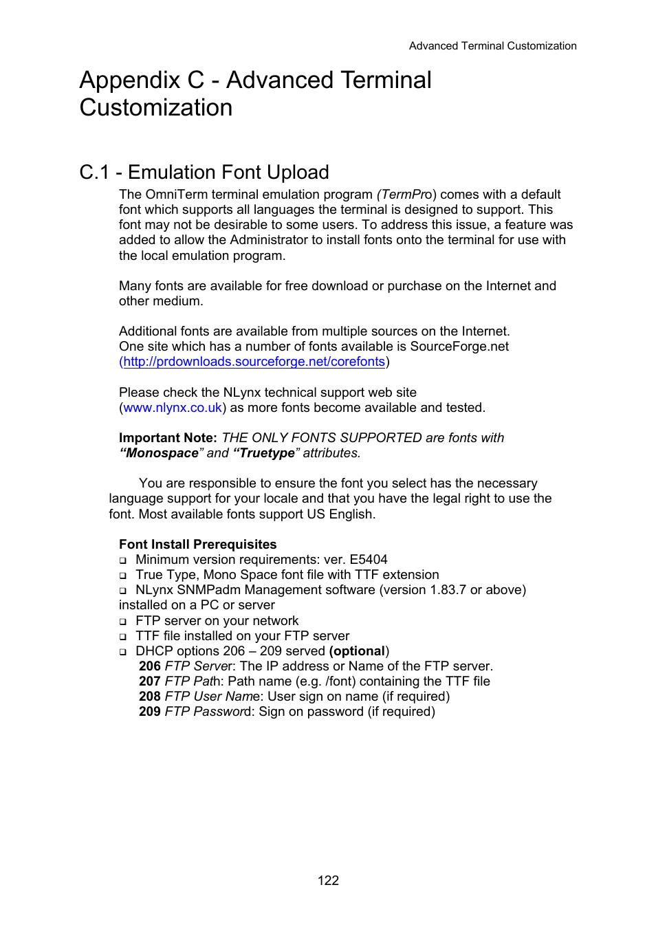 Advanced terminal customization, Emulation font upload, Appendix c - advanced terminal customization | C.1 - emulation font upload | Nlynx OMNITERM WBT 2.1.0E User Manual | Page 125 / 131
