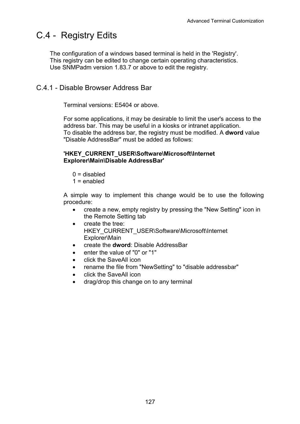 Registry edits, Disable browser address bar, C.4 - registry edits | C.4.1 - disable browser address bar | Nlynx OMNITERM WBT 2.1.0E User Manual | Page 130 / 131