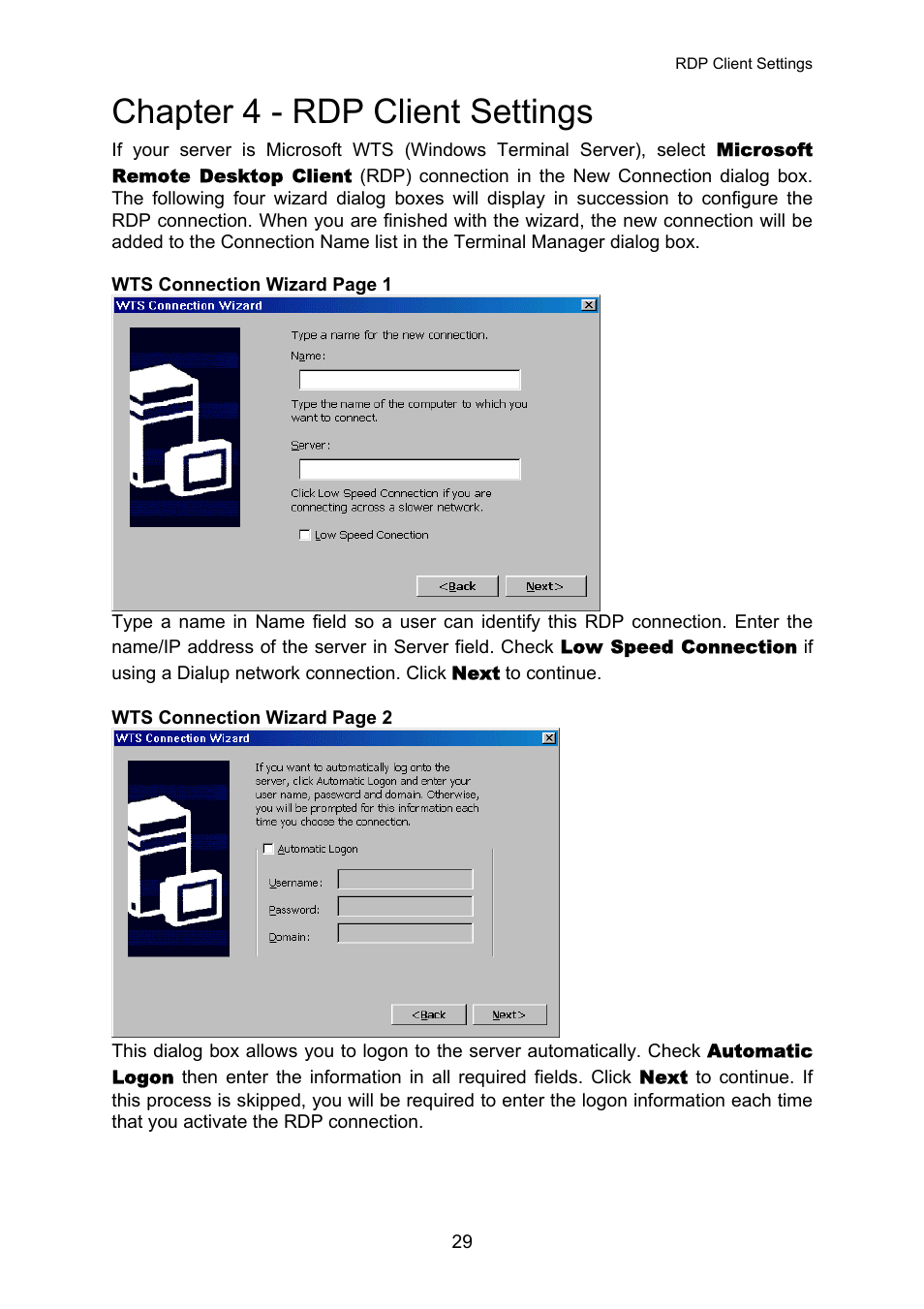 Rdp client settings, Chapter 4 - rdp client settings | Nlynx OMNITERM WBT 2.1.0E User Manual | Page 32 / 131