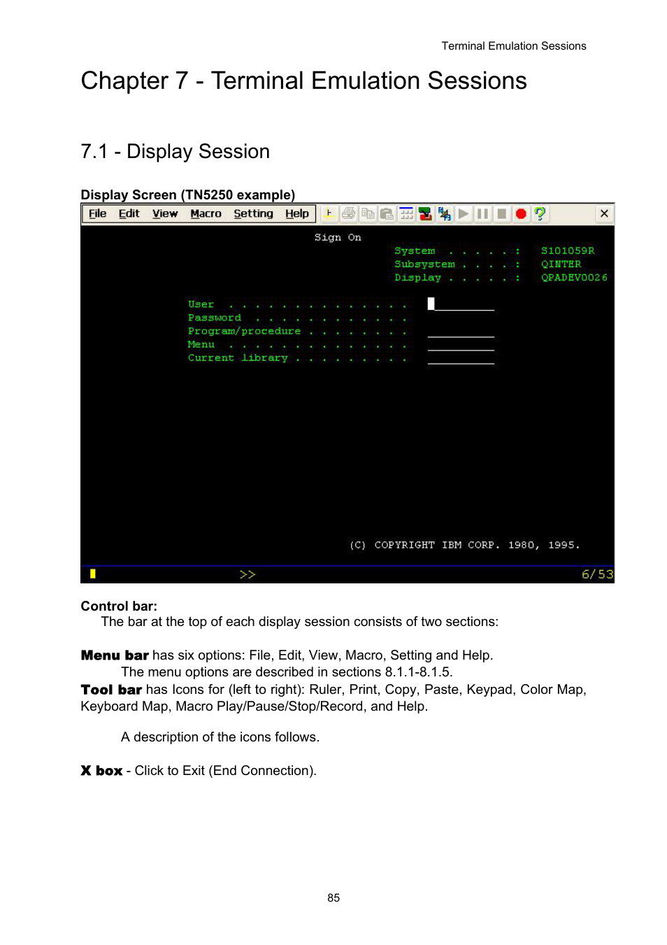 Terminal emulation sessions, Display session, Chapter 7 - terminal emulation sessions | 1 - display session | Nlynx OMNITERM WBT 2.1.0E User Manual | Page 88 / 131