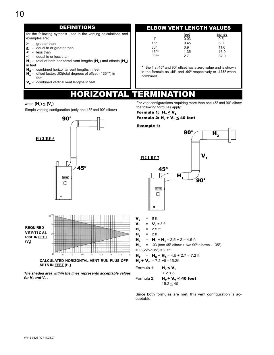 Horizontal termination, 90° h, 45º 90 | Elbow vent length values definitions | Napoleon Fireplaces BGD48P User Manual | Page 10 / 28