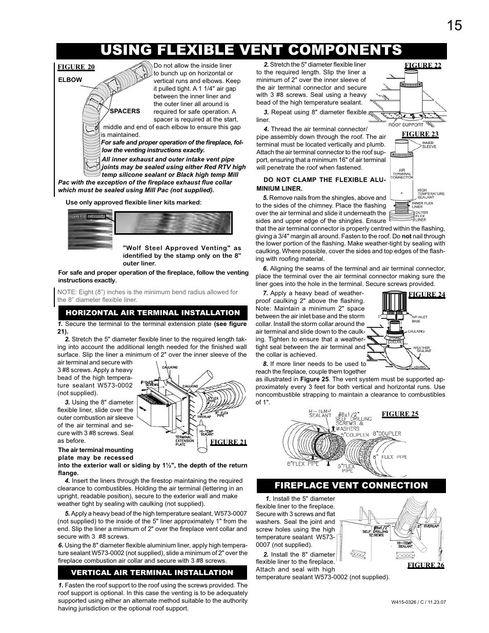 Using flexible vent components, Fireplace vent connection, Figure 25 | Figure 20, Horizontal air terminal installation, Figure 26 figure 24, Vertical air terminal installation | Napoleon Fireplaces BGD48P User Manual | Page 15 / 28