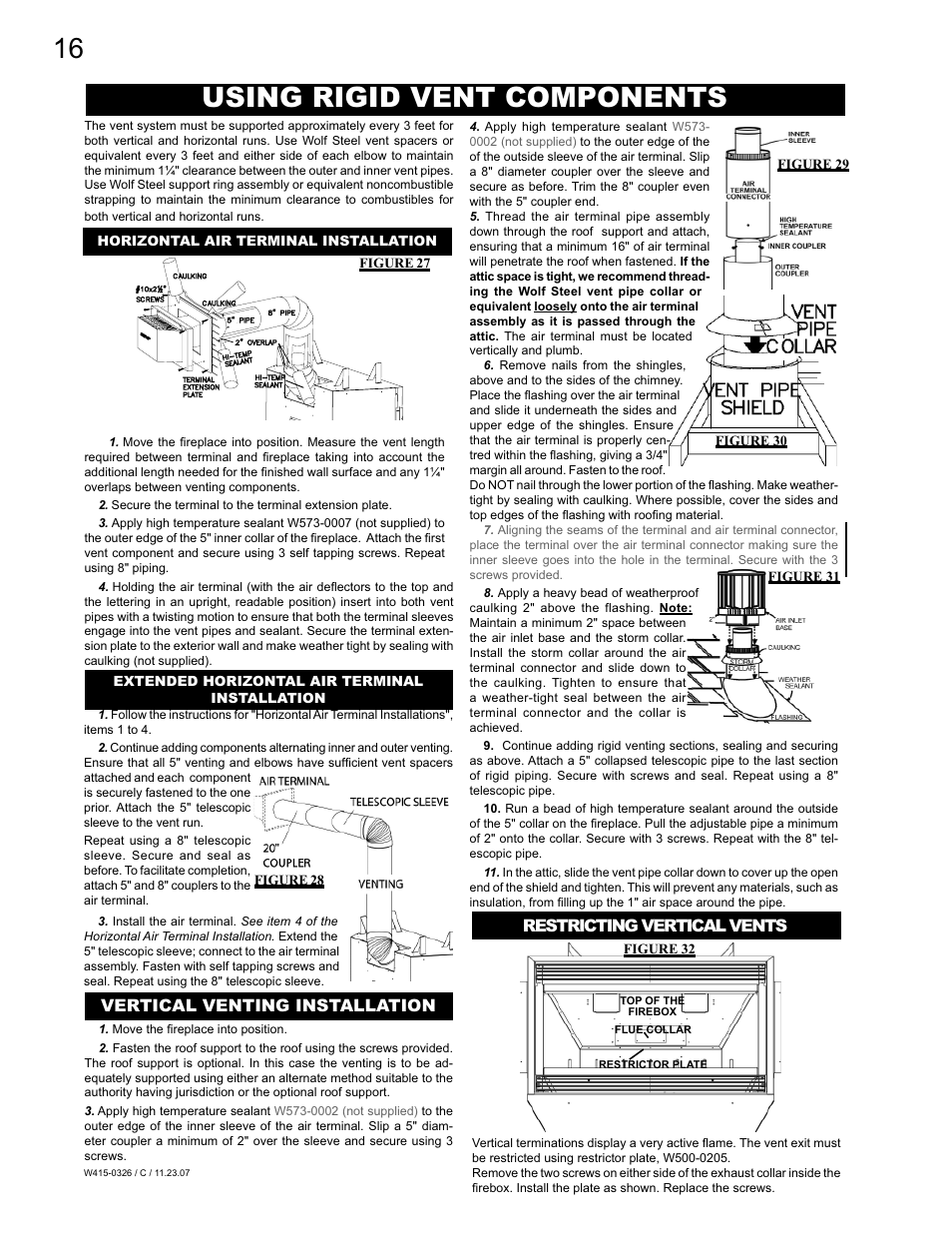Using rigid vent components, Vertical venting installation, Restricting vertical vents | Figure 31, Figure 28, Figure 29, Figure 32 | Napoleon Fireplaces BGD48P User Manual | Page 16 / 28
