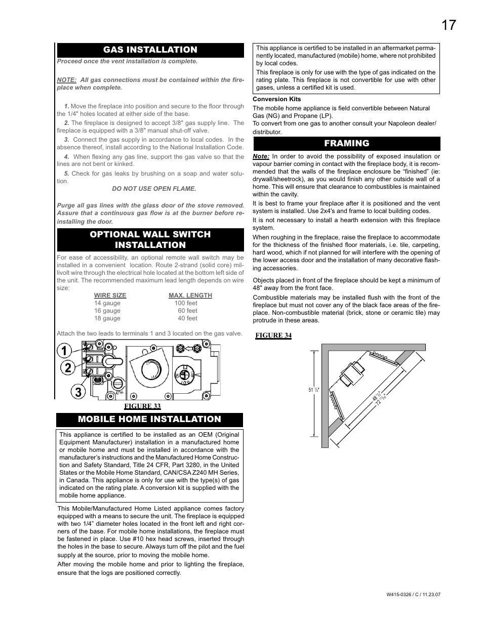 Gas installation, Mobile home installation framing, Optional wall switch installation | Napoleon Fireplaces BGD48P User Manual | Page 17 / 28