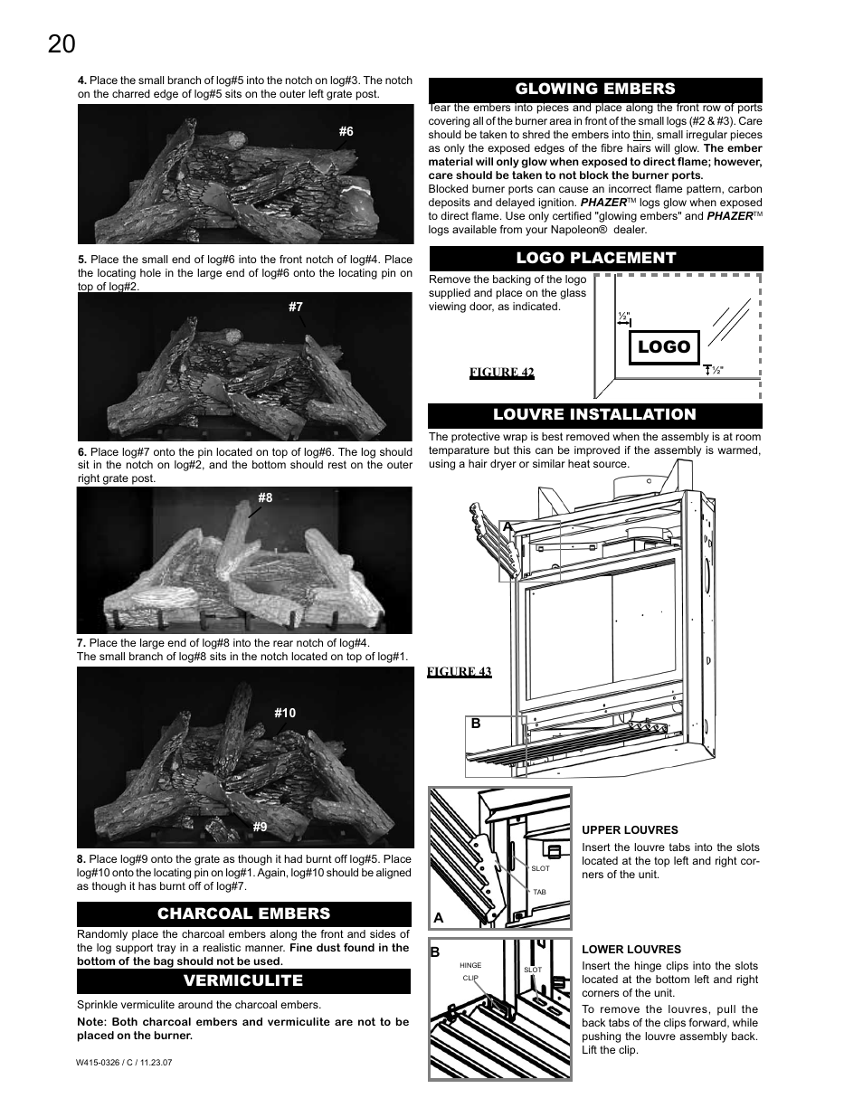 Logo, Charcoal embers vermiculite, Glowing embers | Logo placement, Louvre installation | Napoleon Fireplaces BGD48P User Manual | Page 20 / 28