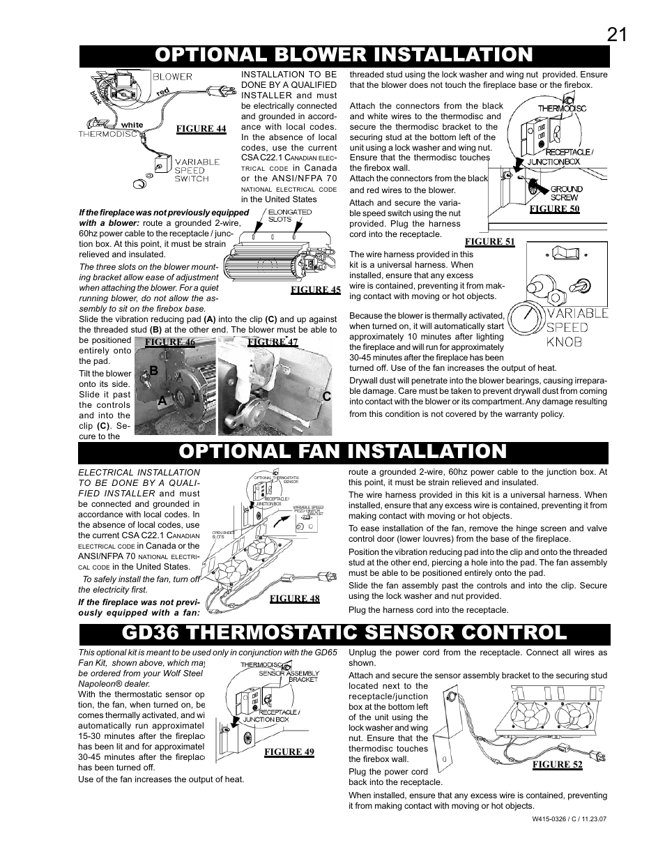 Optional blower installation, Optional fan installation, Gd36 thermostatic sensor control | Napoleon Fireplaces BGD48P User Manual | Page 21 / 28