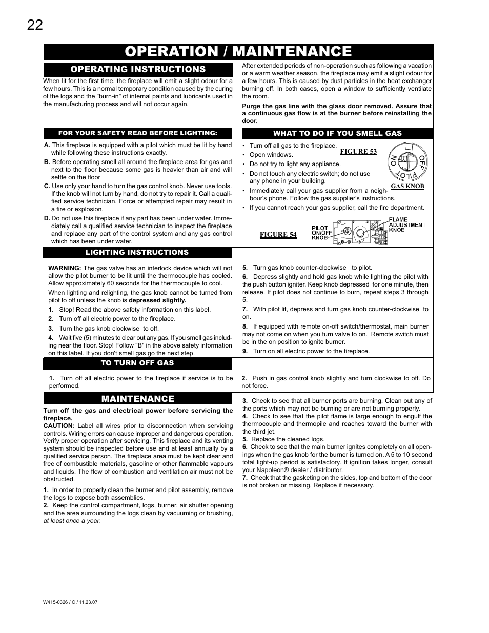 Operation / maintenance, Operating instructions, Maintenance | Napoleon Fireplaces BGD48P User Manual | Page 22 / 28