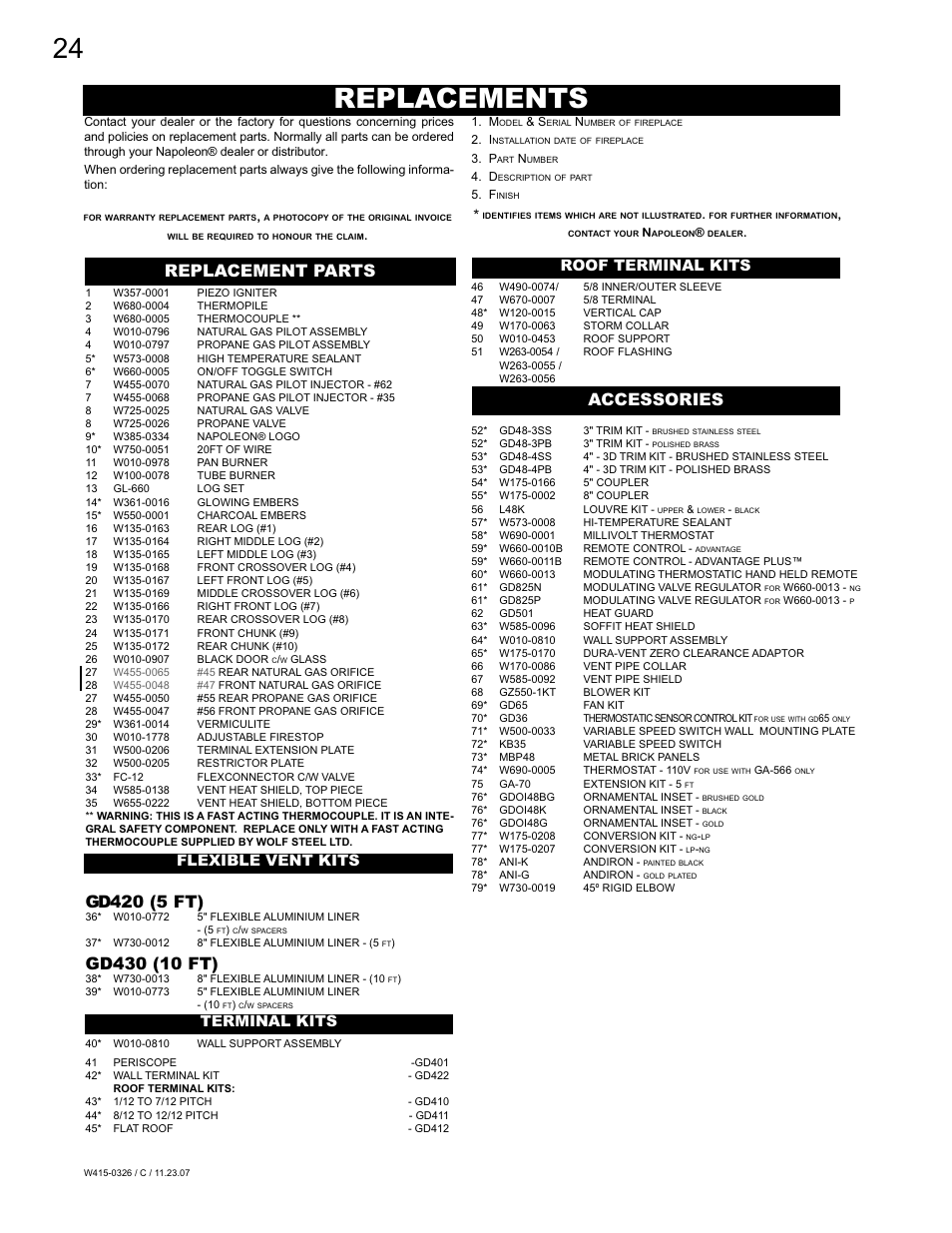 Replacements, Gd420 (5 ft), Replacement parts | Accessories | Napoleon Fireplaces BGD48P User Manual | Page 24 / 28
