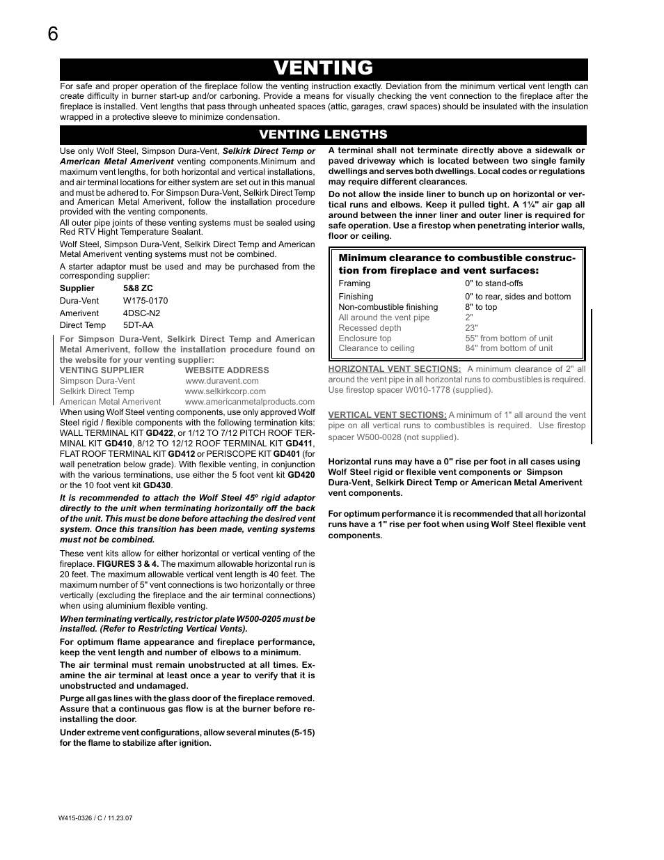 Venting, Venting lengths | Napoleon Fireplaces BGD48P User Manual | Page 6 / 28