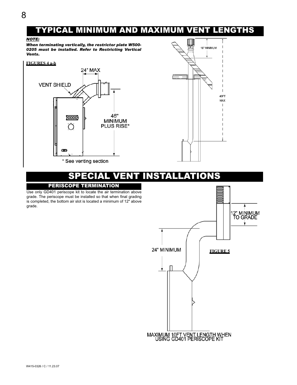 Special vent installations, Typical minimum and maximum vent lengths | Napoleon Fireplaces BGD48P User Manual | Page 8 / 28