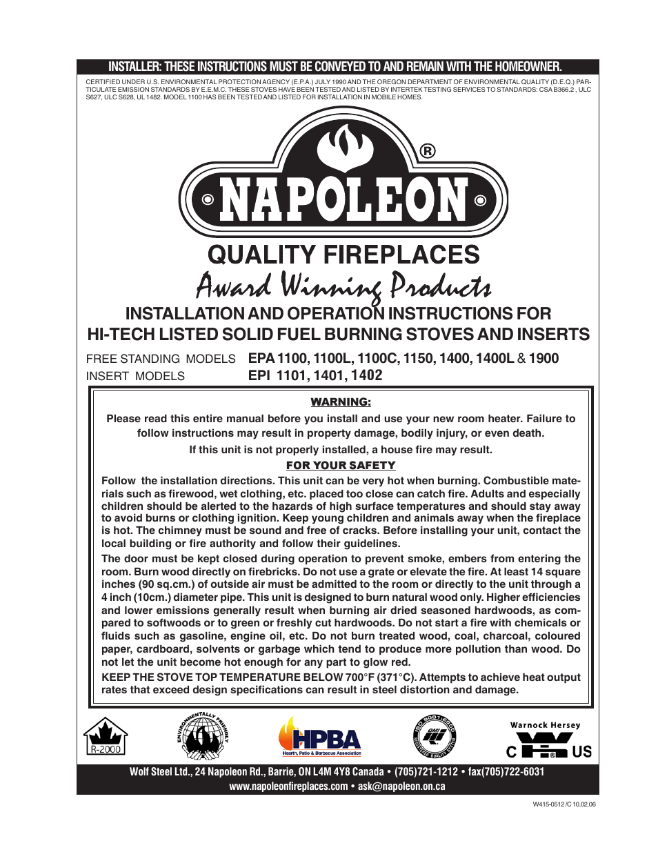 Napoleon Fireplaces EPA1100 User Manual | 20 pages