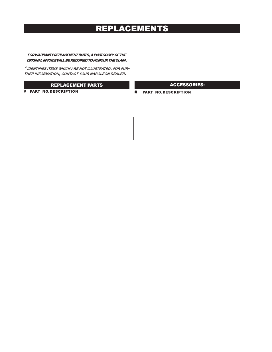 Replacements, Replacement parts accessories | Napoleon Fireplaces GI3016-N User Manual | Page 12 / 16