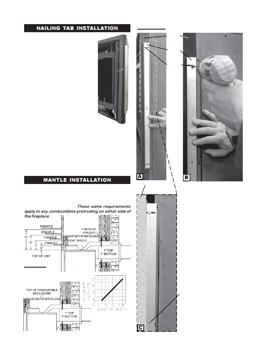 Ab c, Nailing tab installation mantle installation | Napoleon Fireplaces BGDV42P User Manual | Page 18 / 28
