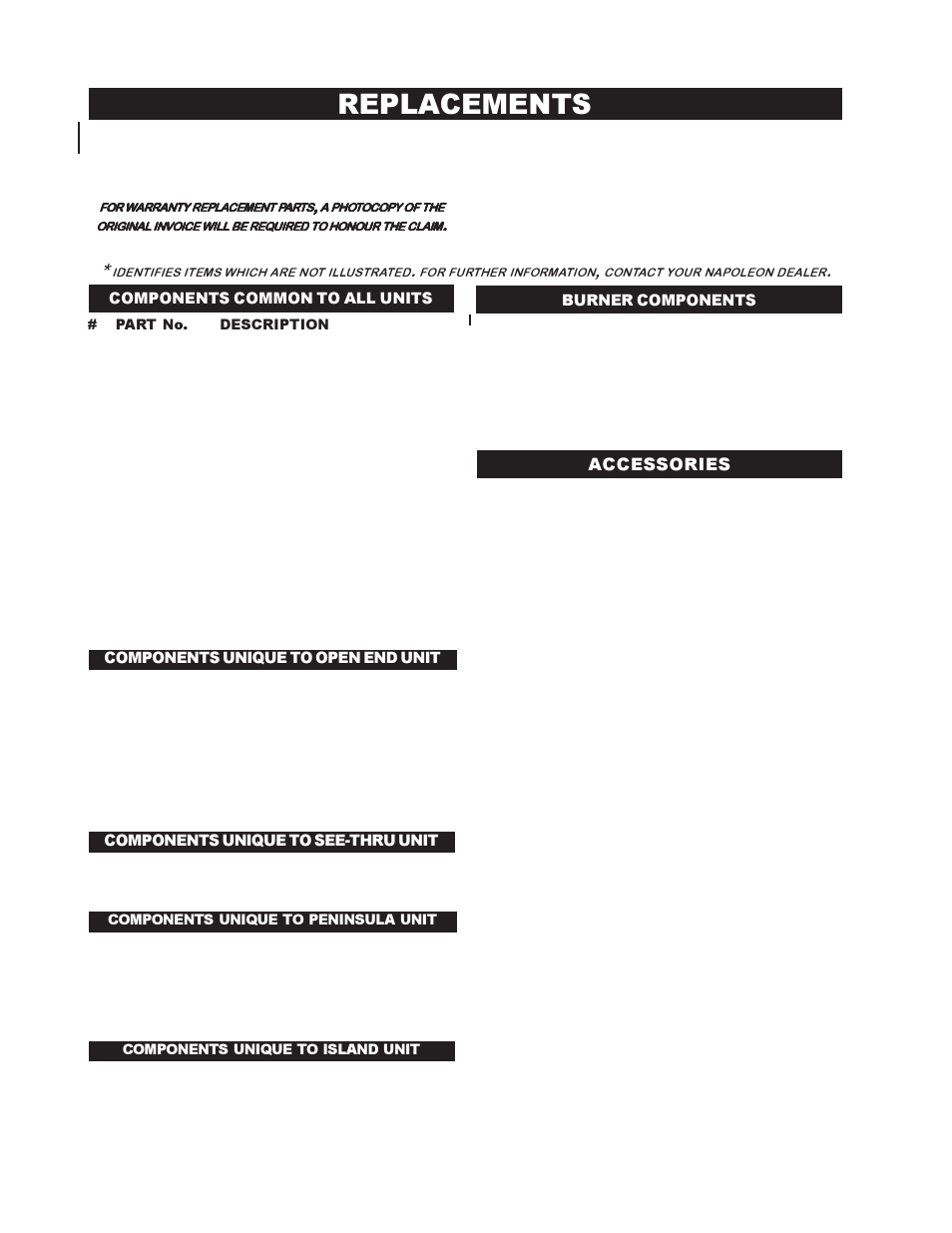 Replacements, Accessories, Burner components | Components unique to peninsula unit, Components unique to island unit | Napoleon Fireplaces GVF40P User Manual | Page 20 / 24