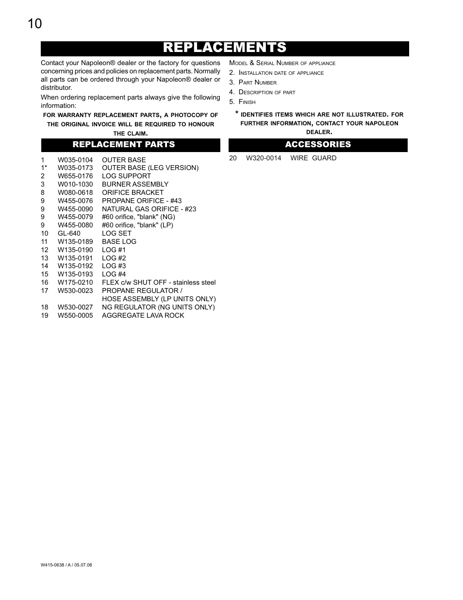 Replacements | Napoleon Fireplaces GPFN User Manual | Page 10 / 12