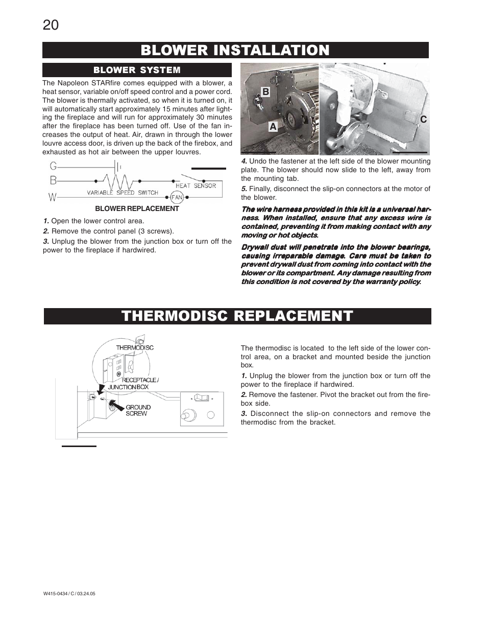 Blower installation, Thermodisc replacement | Napoleon Fireplaces GD70NT-S User Manual | Page 20 / 28