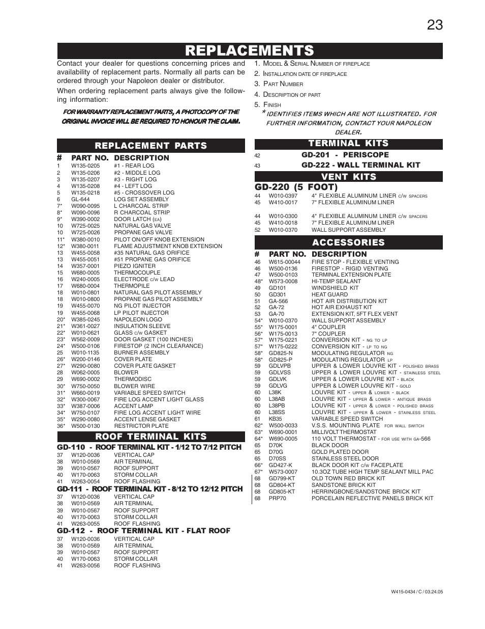 Replacements, Gd-220 (5 foot), Roof terminal kits | Napoleon Fireplaces GD70NT-S User Manual | Page 23 / 28