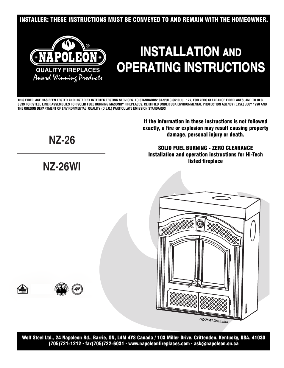 Napoleon Fireplaces NZ-26WI User Manual | 22 pages