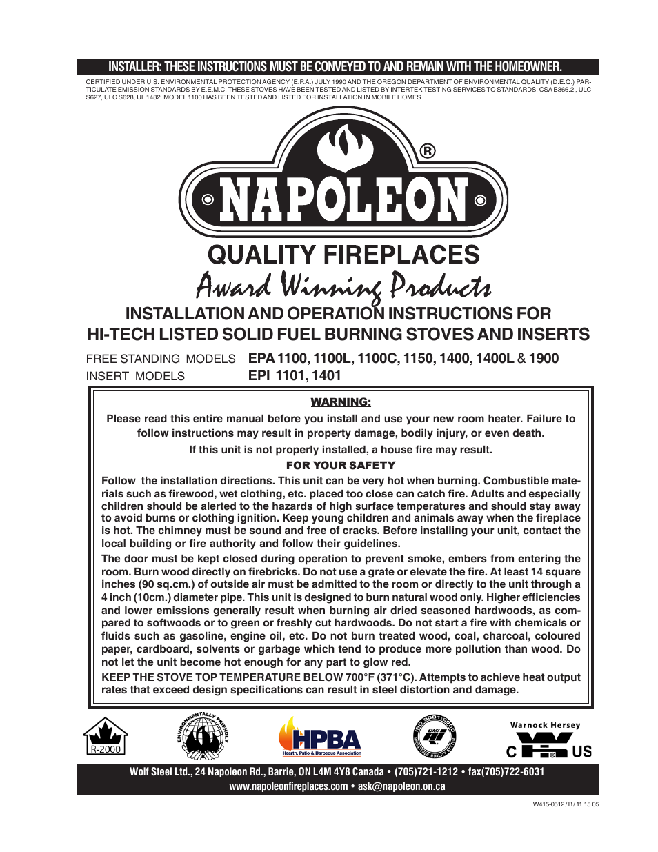 Napoleon Fireplaces EPA 1100 User Manual | 20 pages