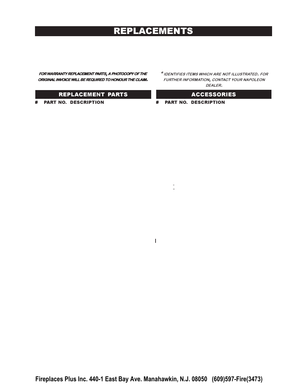 Replacements, Replacement parts accessories | Napoleon Fireplaces EPI 1401 User Manual | Page 15 / 16
