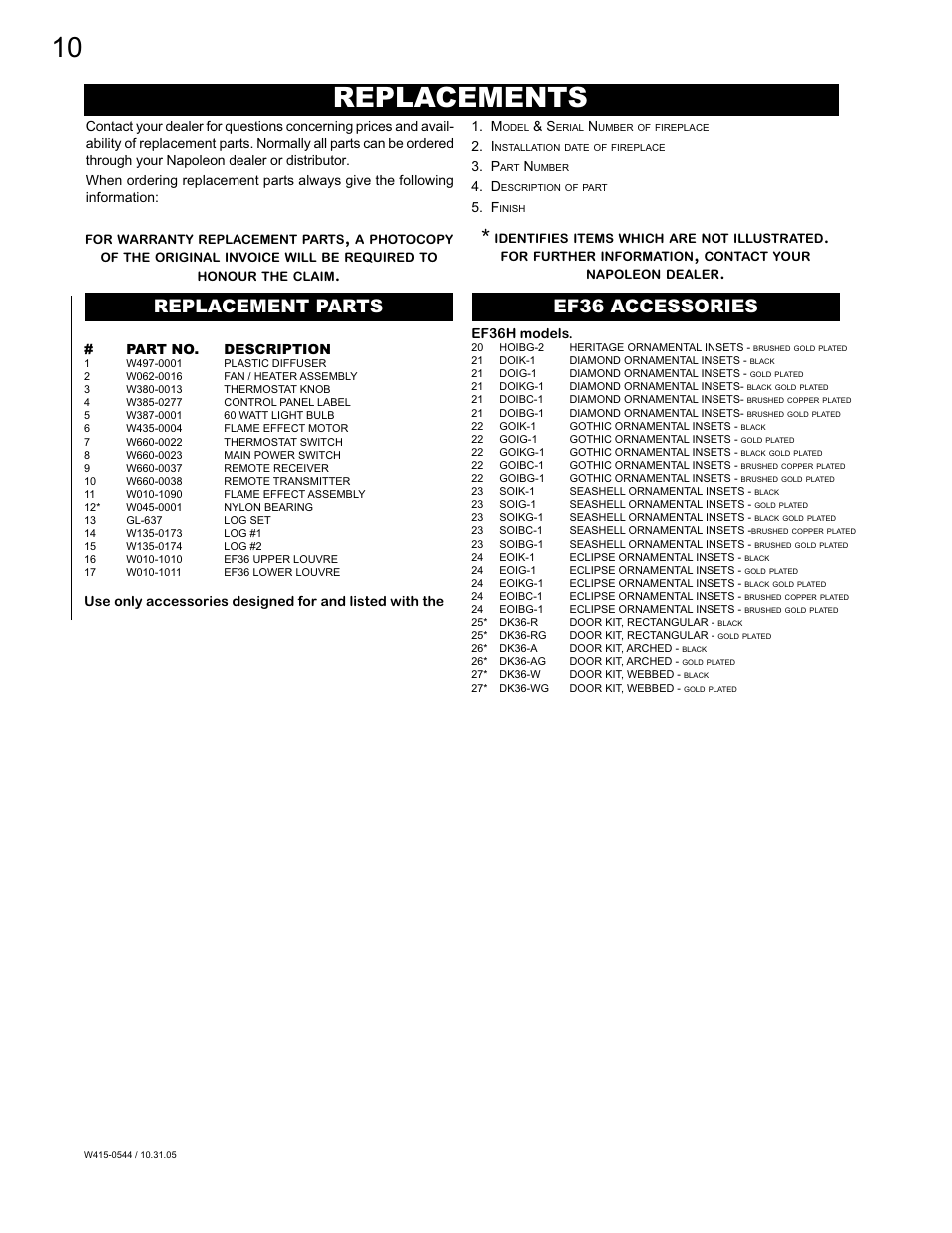Replacements, Replacement parts ef36 accessories | Napoleon Fireplaces EF36H User Manual | Page 10 / 12