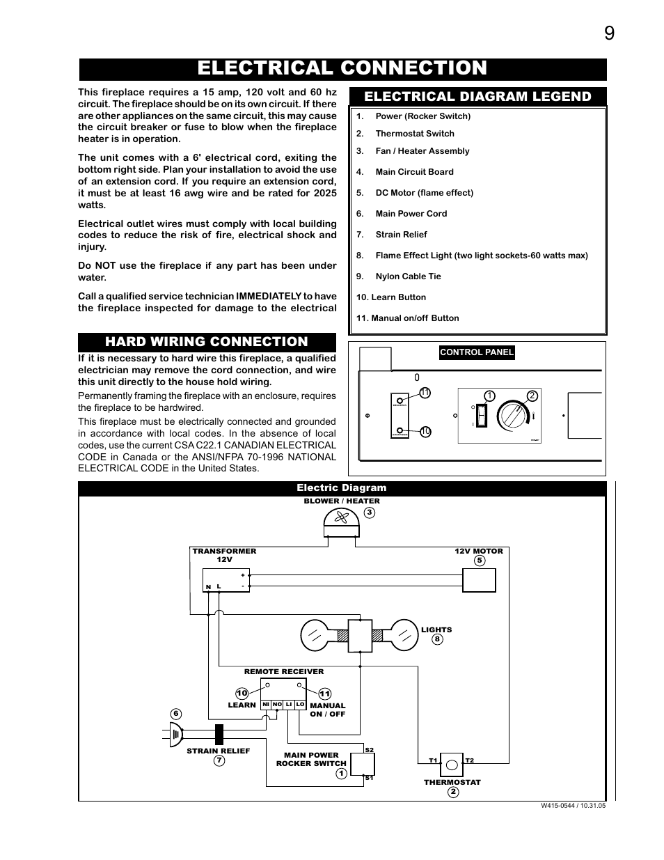 Electrical connection, Hard wiring connection, Electrical diagram legend | Napoleon Fireplaces EF36H User Manual | Page 9 / 12