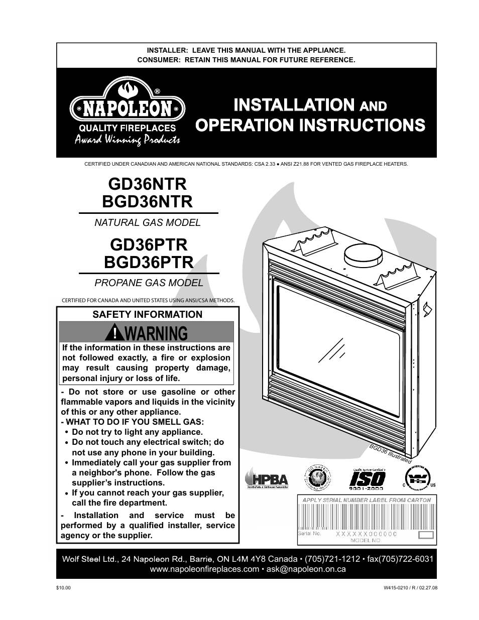 Napoleon Fireplaces GD36PTR User Manual | 36 pages
