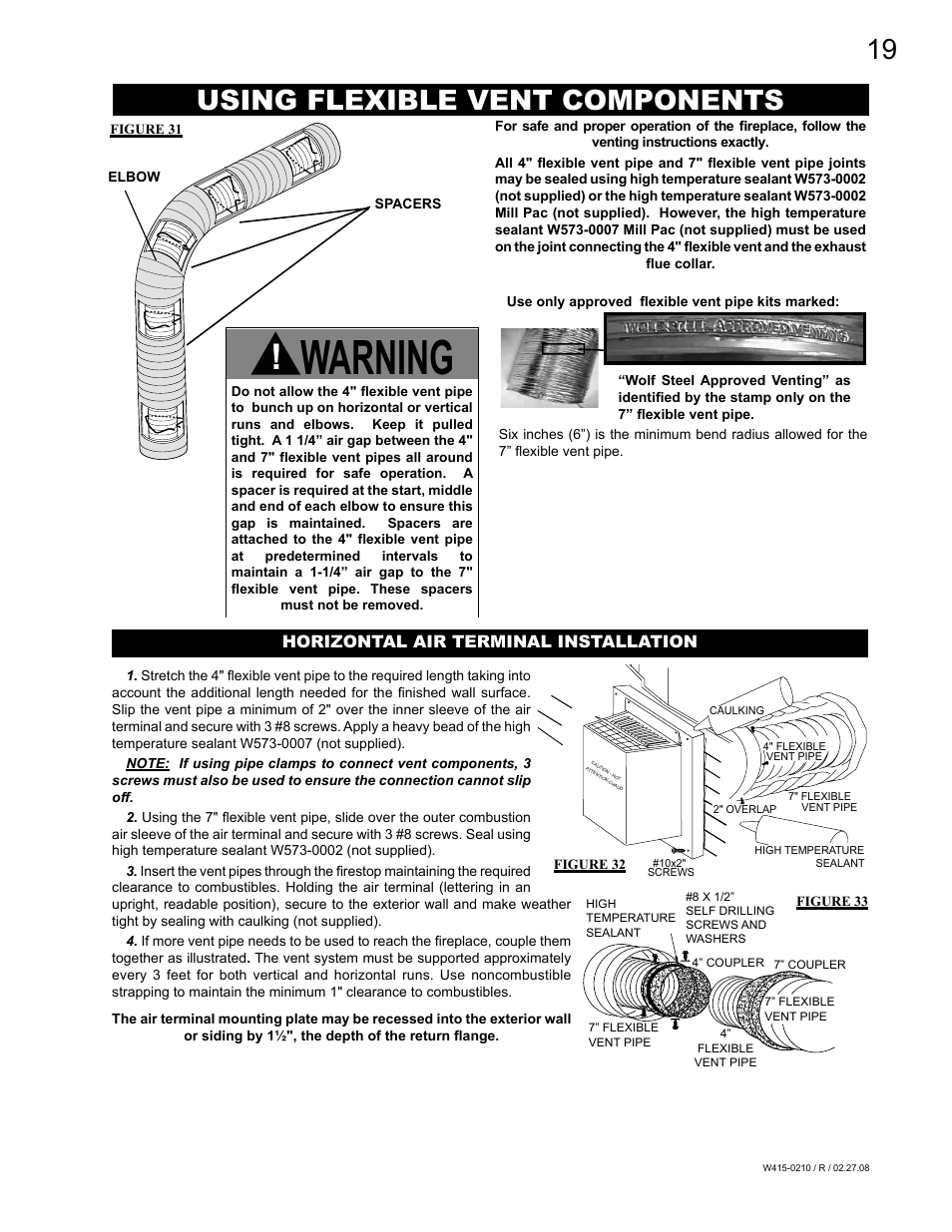 Warning, Using flexible vent components, Horizontal air terminal installation | Napoleon Fireplaces GD36PTR User Manual | Page 19 / 36