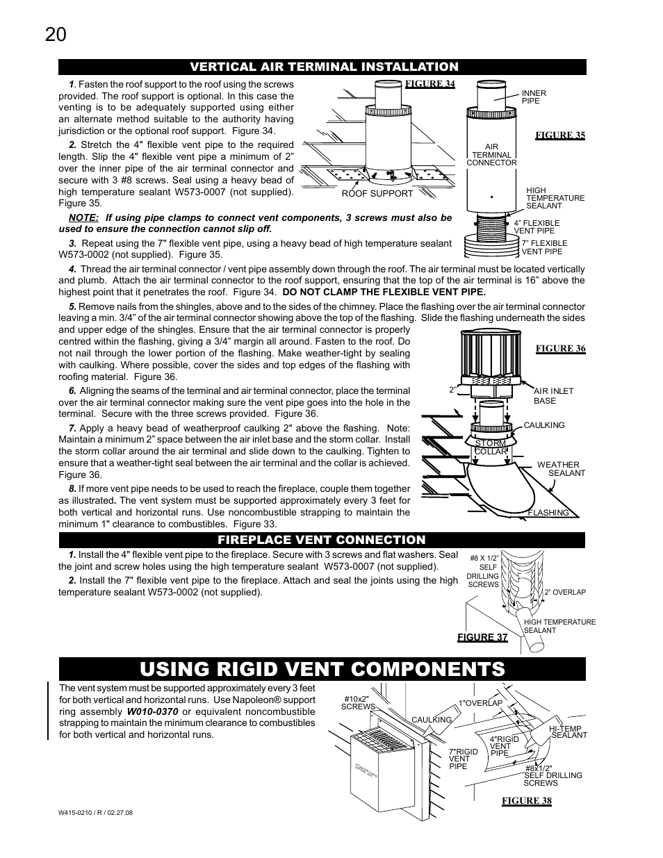 Using rigid vent components, Vertical air terminal installation, Fireplace vent connection | Napoleon Fireplaces GD36PTR User Manual | Page 20 / 36