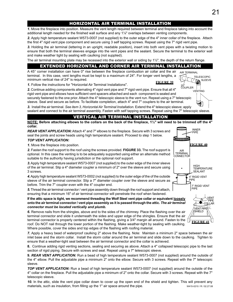 Horizontal air terminal installation, Vertical air terminal installation | Napoleon Fireplaces GD36PTR User Manual | Page 21 / 36