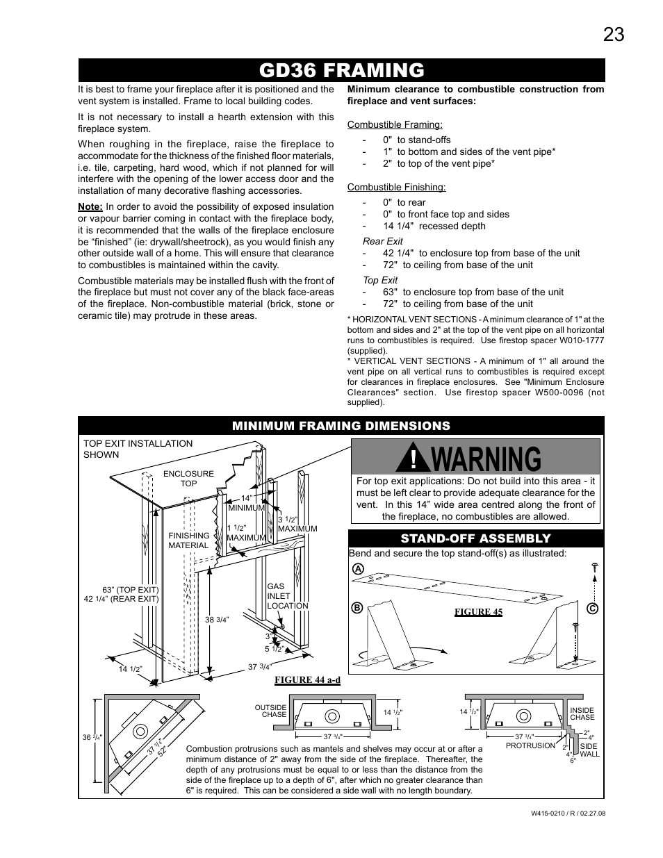 Warning, Gd36 framing, Stand-off assembly minimum framing dimensions | Napoleon Fireplaces GD36PTR User Manual | Page 23 / 36